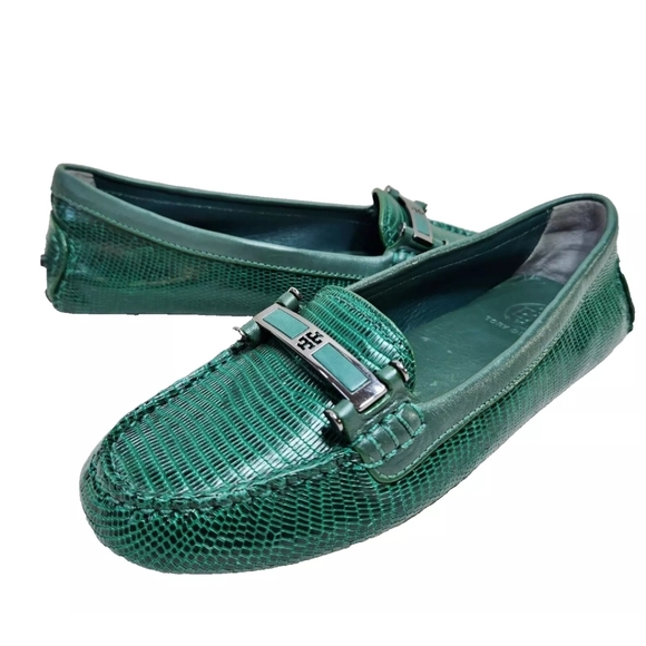TORY BURCH Green Snakeskin Driving Mocs Loafers Sz 8.5 Leather Driver Flats - Picture 2 of 13